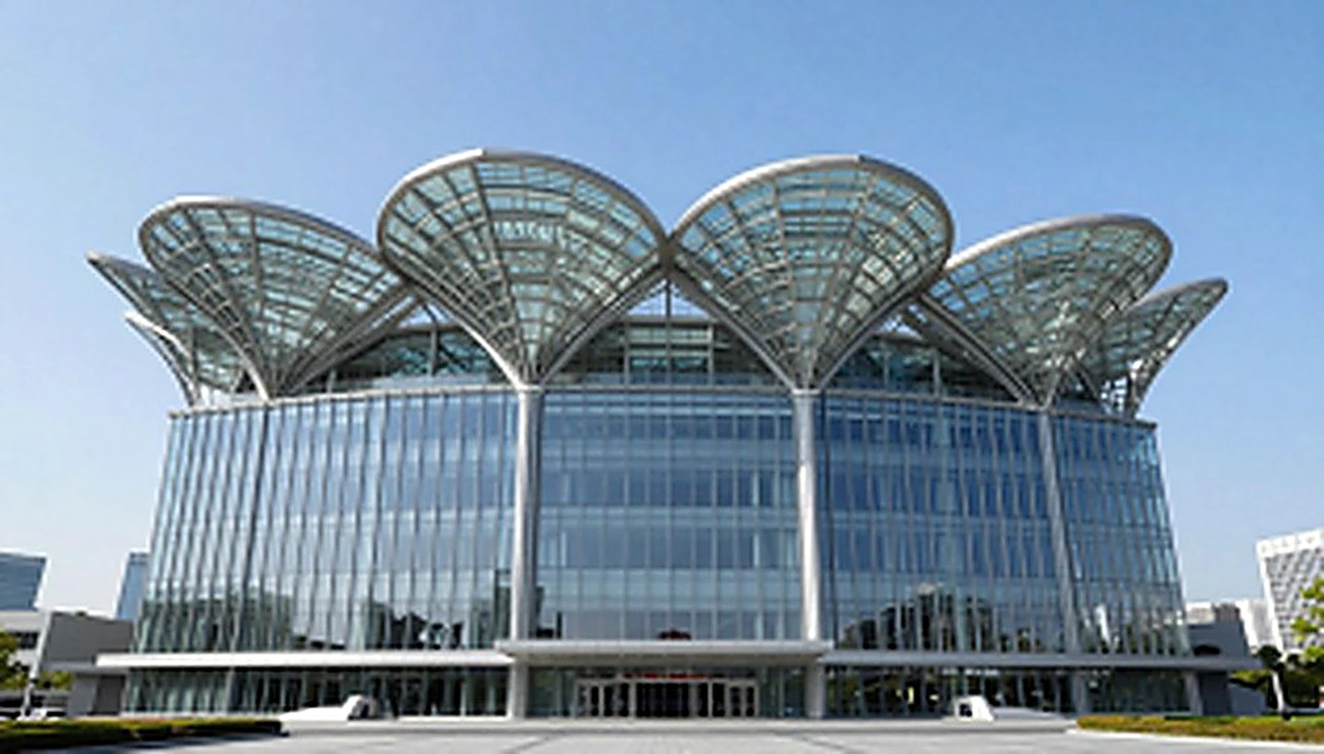 Glazed envelope of a convention centre in Shanghai, China